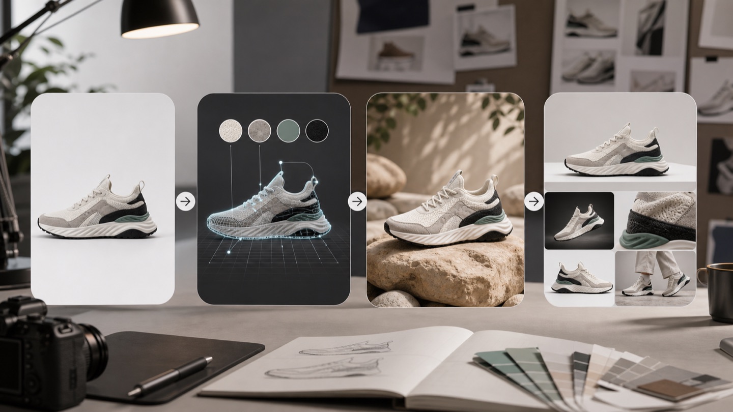 AI-produktfotograferingsflöde med premiumsneaker