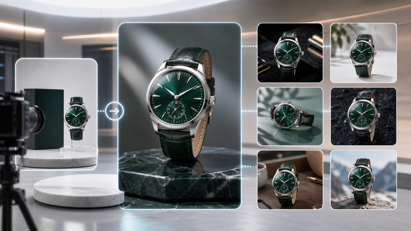 Rewarx Studio AI hero med premiumklocka och AI-produktfotograferingsvarianter