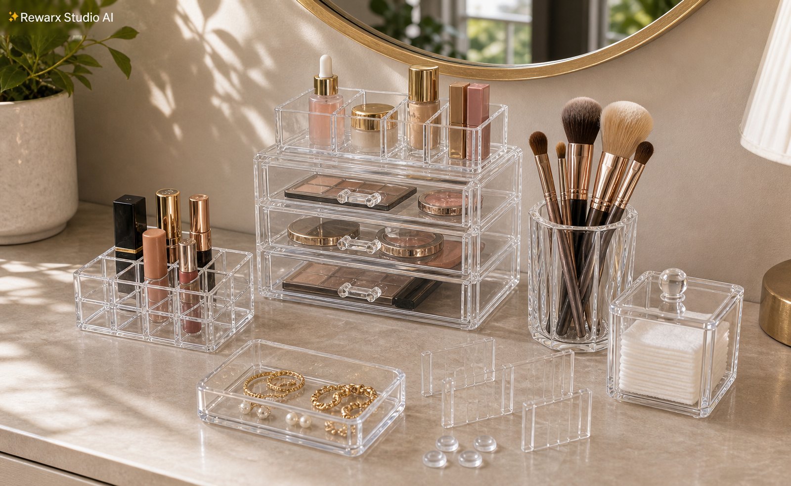 Akrylovy organizer na makeup toaletka vizualni sablona - beauty storage - bright vanity organization hero - Rewarx Visual Content Library
