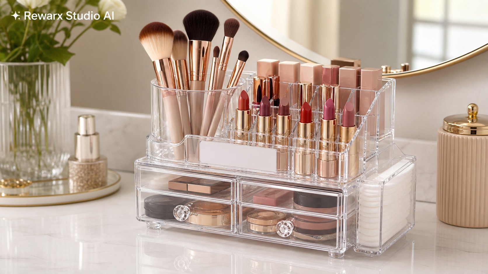 akrilik makyaj organizatörü makyaj masası gorsel sablonu - beauty storage - acrylic vanity organizer hero - Rewarx Visual Content Library