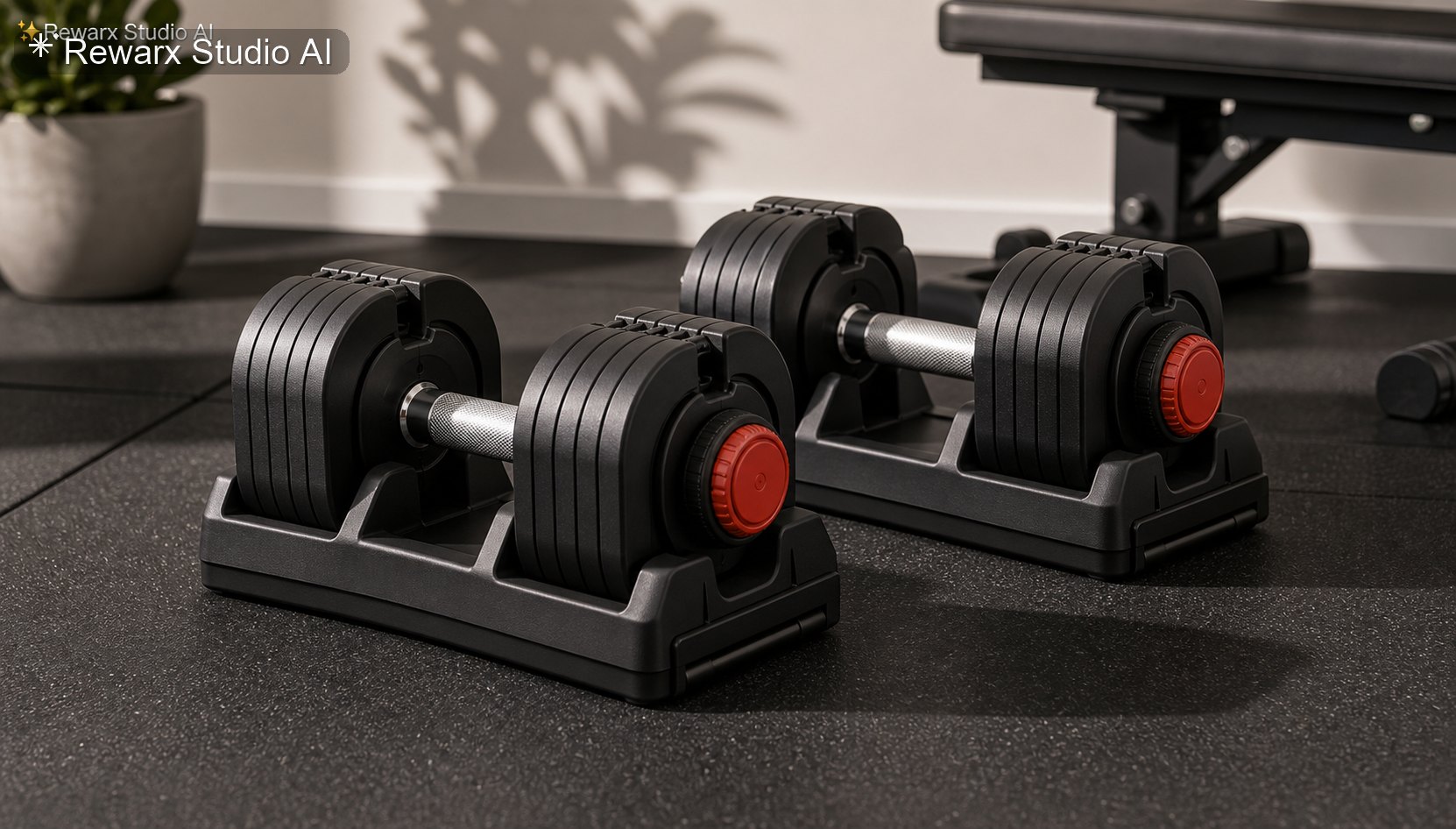 Nastavitelne cinky domaci posilovna vizualni sablona - fitness equipment - premium compact home gym hero - Rewarx Visual Content Library