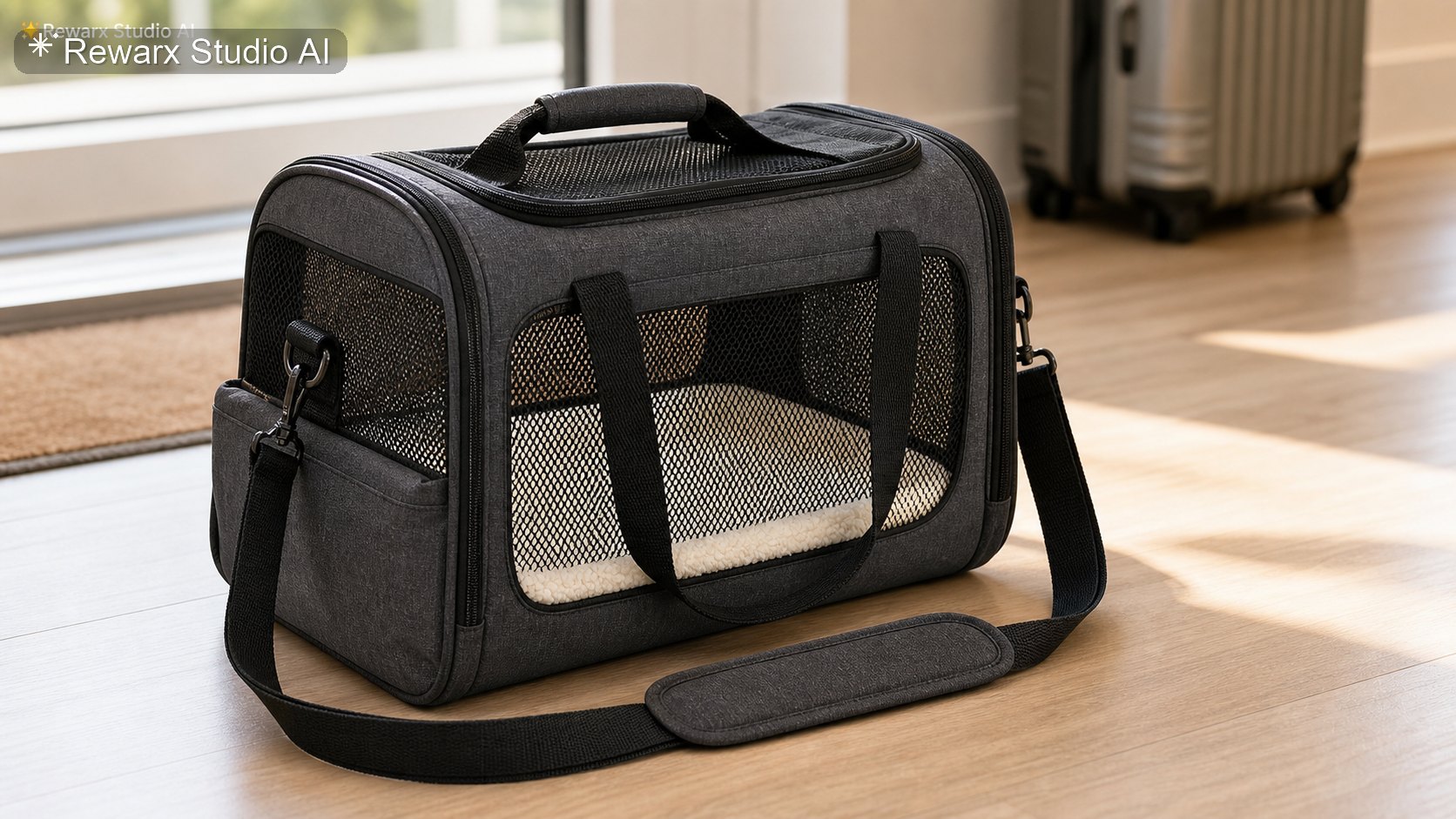 Havayolu evcil hayvan cantasi seyahat gorsel sablonu - pet travel - calm travel accessory hero - Rewarx Visual Content Library