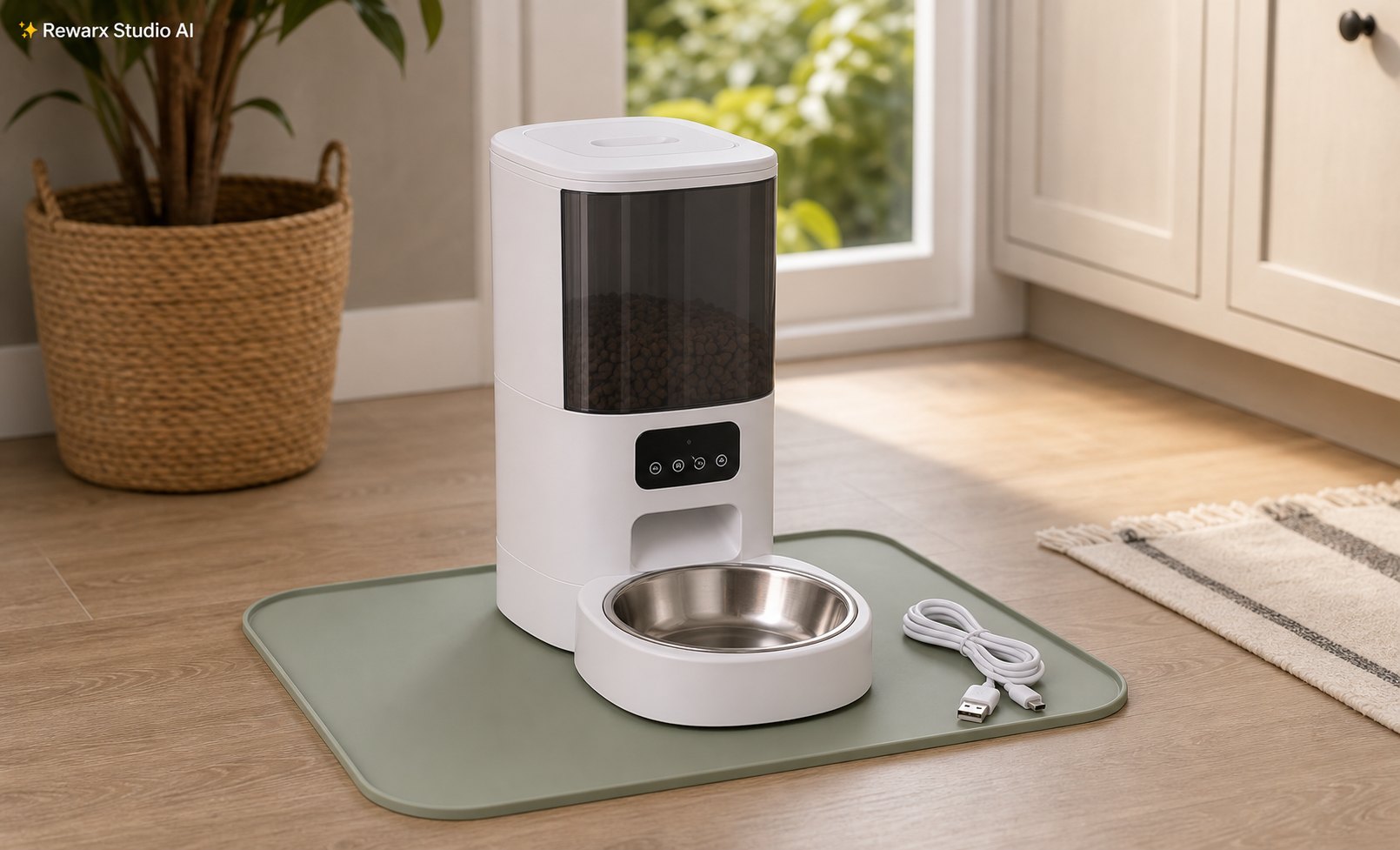 Automaticke krmitko pro mazlicky moderni domov vizualni sablona - pet technology - modern home pet-feeding hero - Rewarx Visual Content Library