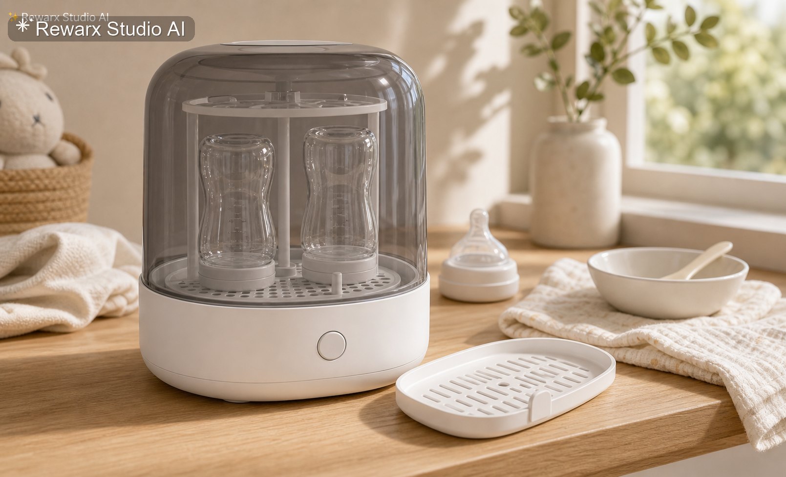Sterilizator susicka kojeneckych lahvi vizualni sablona - baby gear - calm nursery feeding station hero - Rewarx Visual Content Library