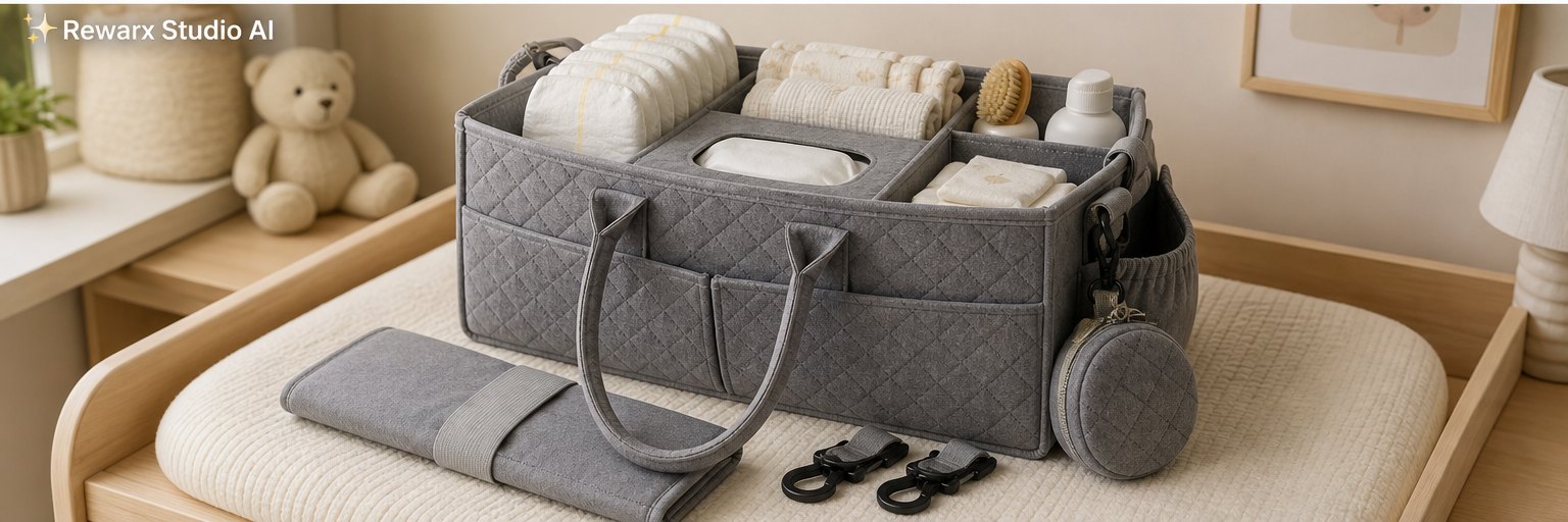 bebek bezi caddy kreş gorsel sablonu - nursery organization - nursery diaper caddy hero - Rewarx Visual Content Library