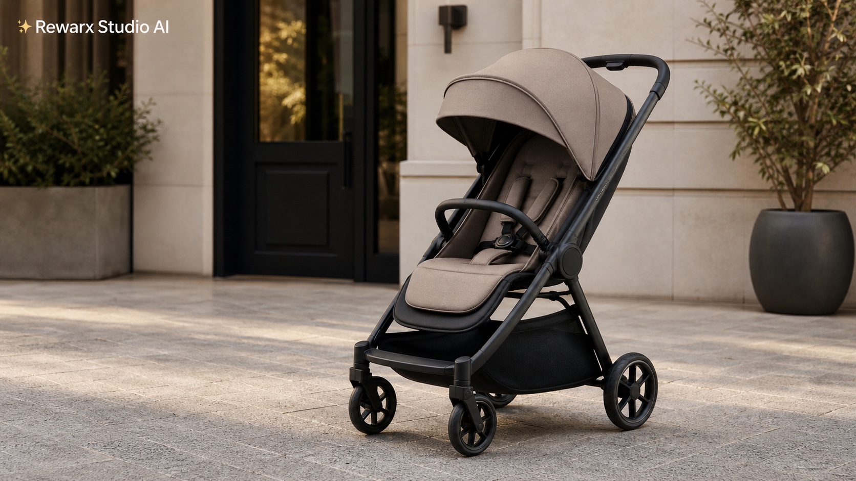 Detsky kocarek urban lifestyle vizualni sablona - baby gear - premium urban baby gear product hero - Rewarx Visual Content Library
