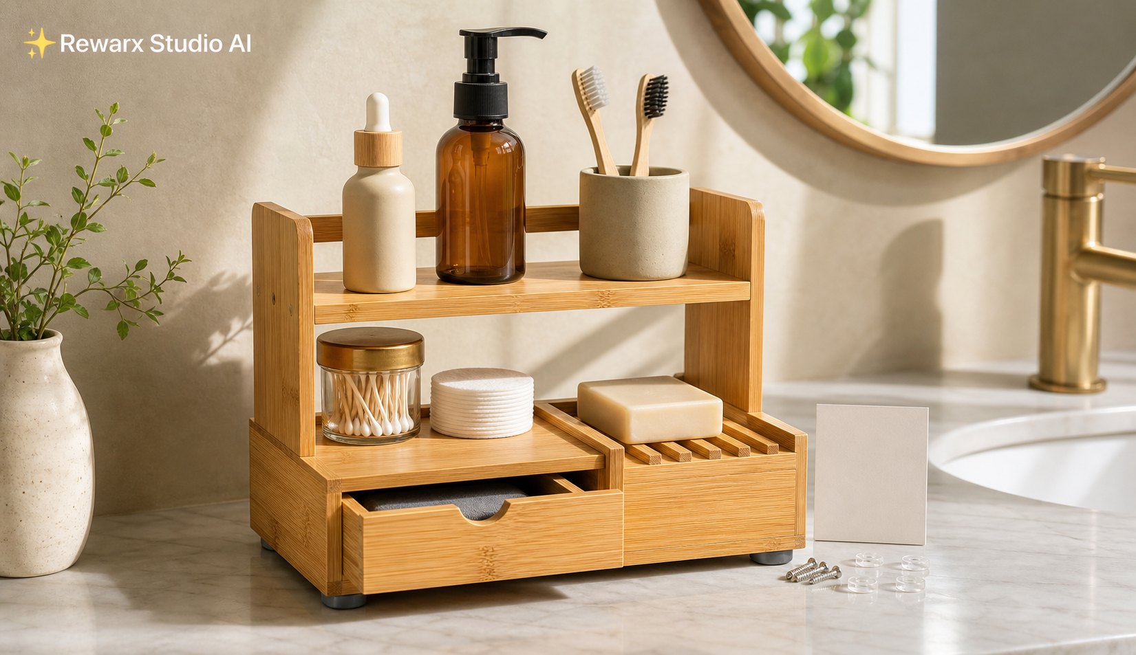 bambu banyo tezgahı organizatörü gorsel sablonu - bathroom organization - bamboo bathroom counter organizer hero - Rewarx Visual Content Library