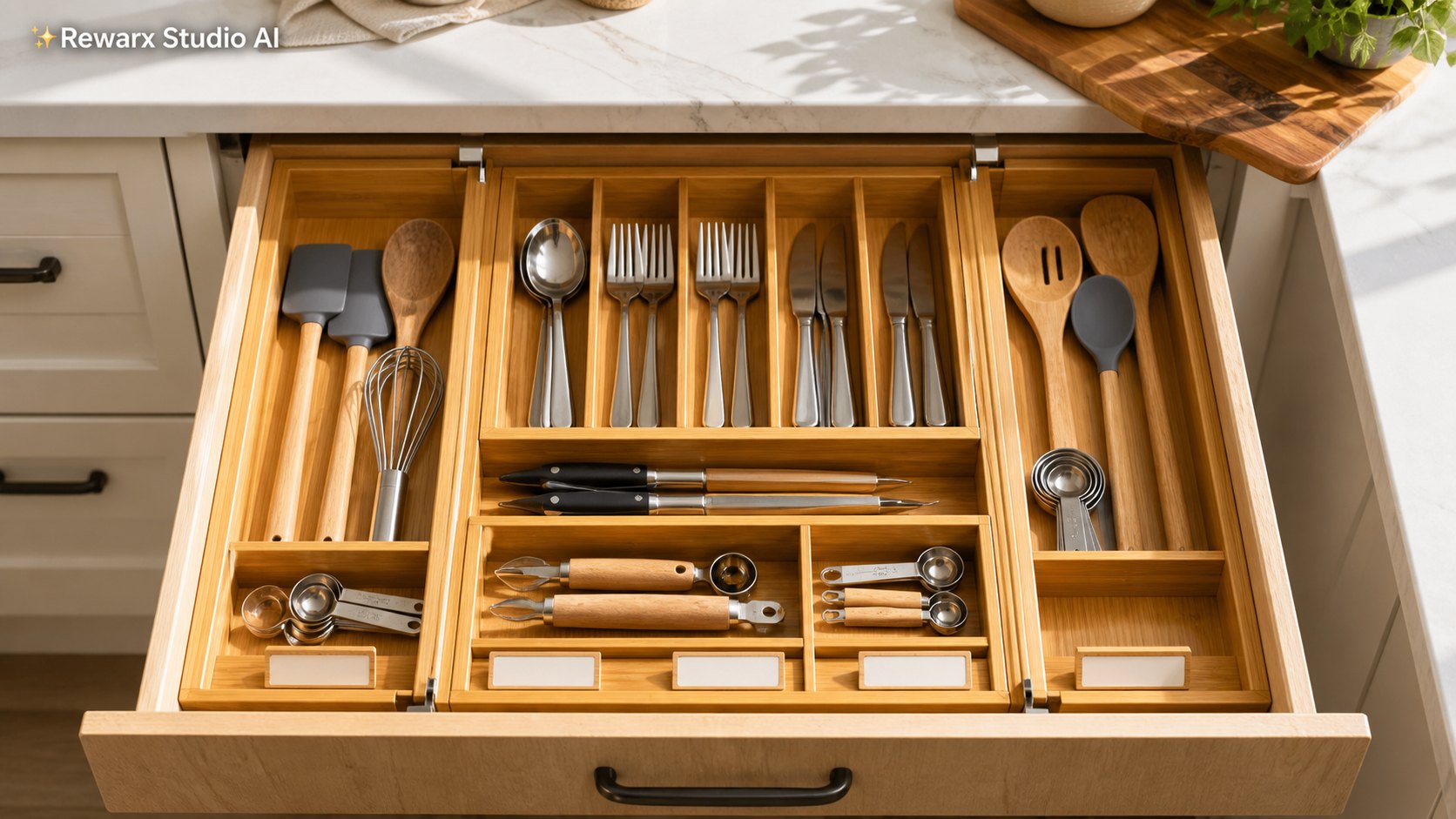 bambu kap çekmece organizatörü mutfak gorsel sablonu - kitchen organization - organized kitchen utensil drawer hero - Rewarx Visual Content Library