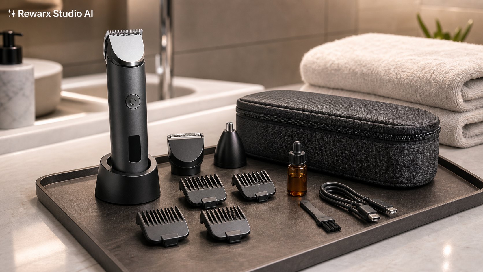 Tondeuse barbe kit grooming salle de bain modele visuel - men grooming - clean bathroom grooming hero - Rewarx Visual Content Library