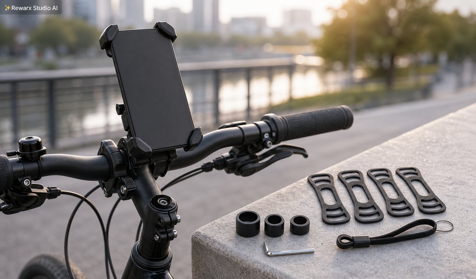 자전거 휴대폰 거치대 출퇴근 비주얼 템플릿 - cycling accessories - clean commuter bike cockpit hero - Rewarx Visual Content Library
