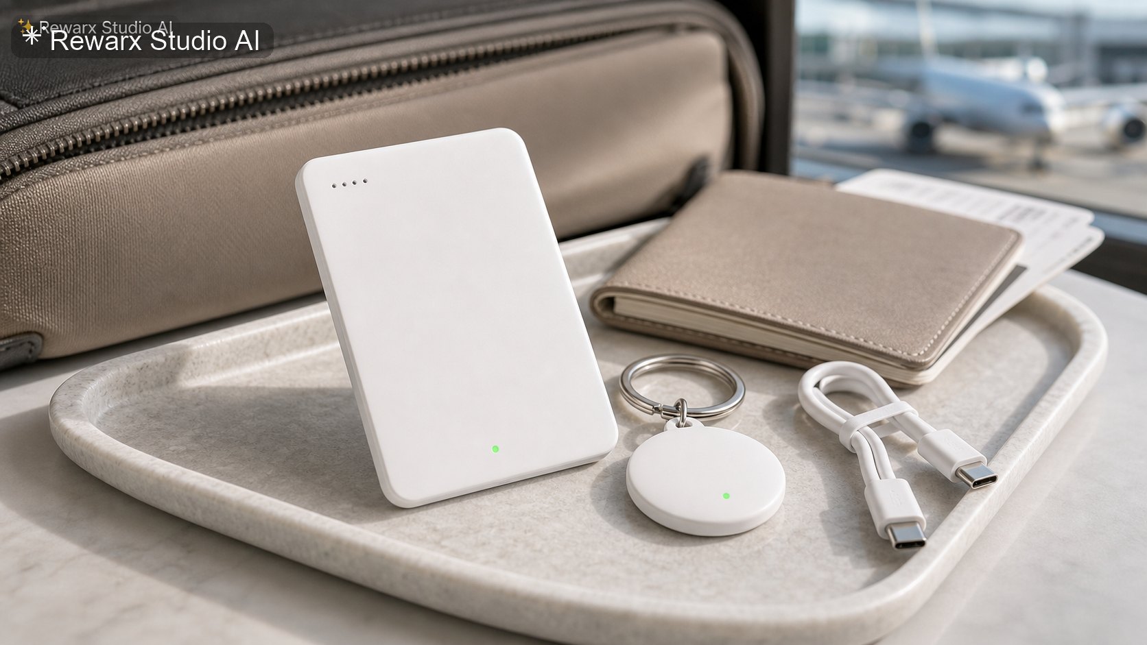 Bluetooth tracker zavazadel travel tech vizualni sablona - travel technology - clean airport travel tech hero - Rewarx Visual Content Library