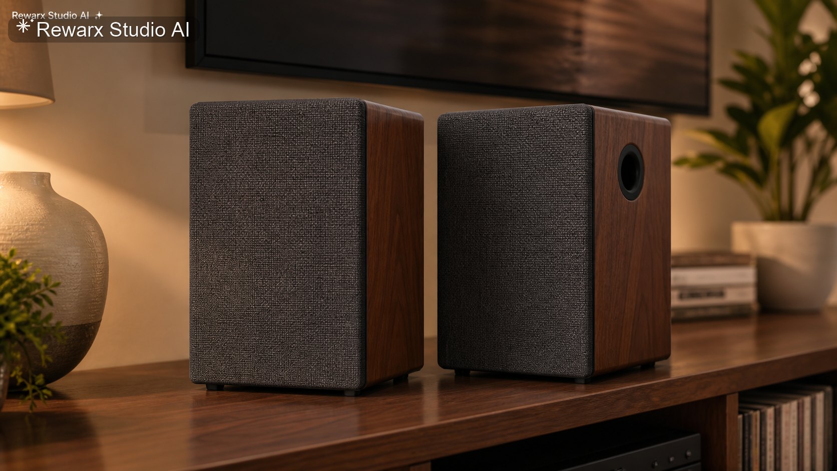 書架音箱客廳音訊視覺模板 - home audio - warm living room audio hero - Rewarx Visual Content Library