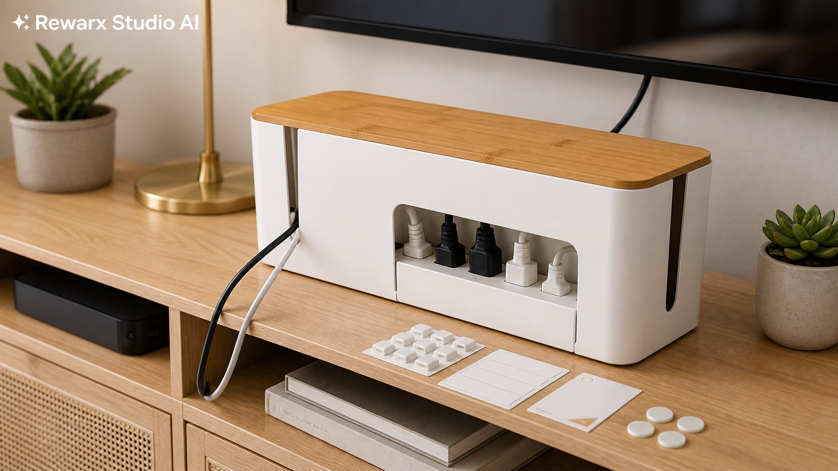 kablo düzenleme kutusu oturma odası gorsel sablonu - home tech organization - living room cable box hero - Rewarx Visual Content Library