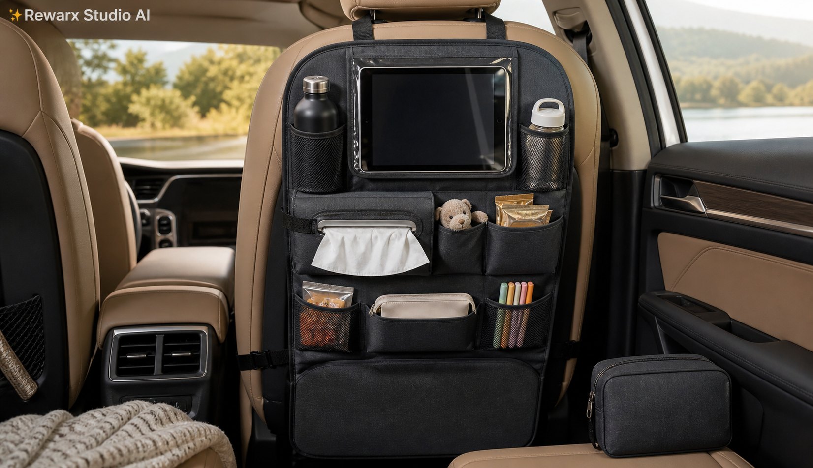 araba arka koltuk organizatörü aile seyahati gorsel sablonu - car organization - family car backseat organizer hero - Rewarx Visual Content Library