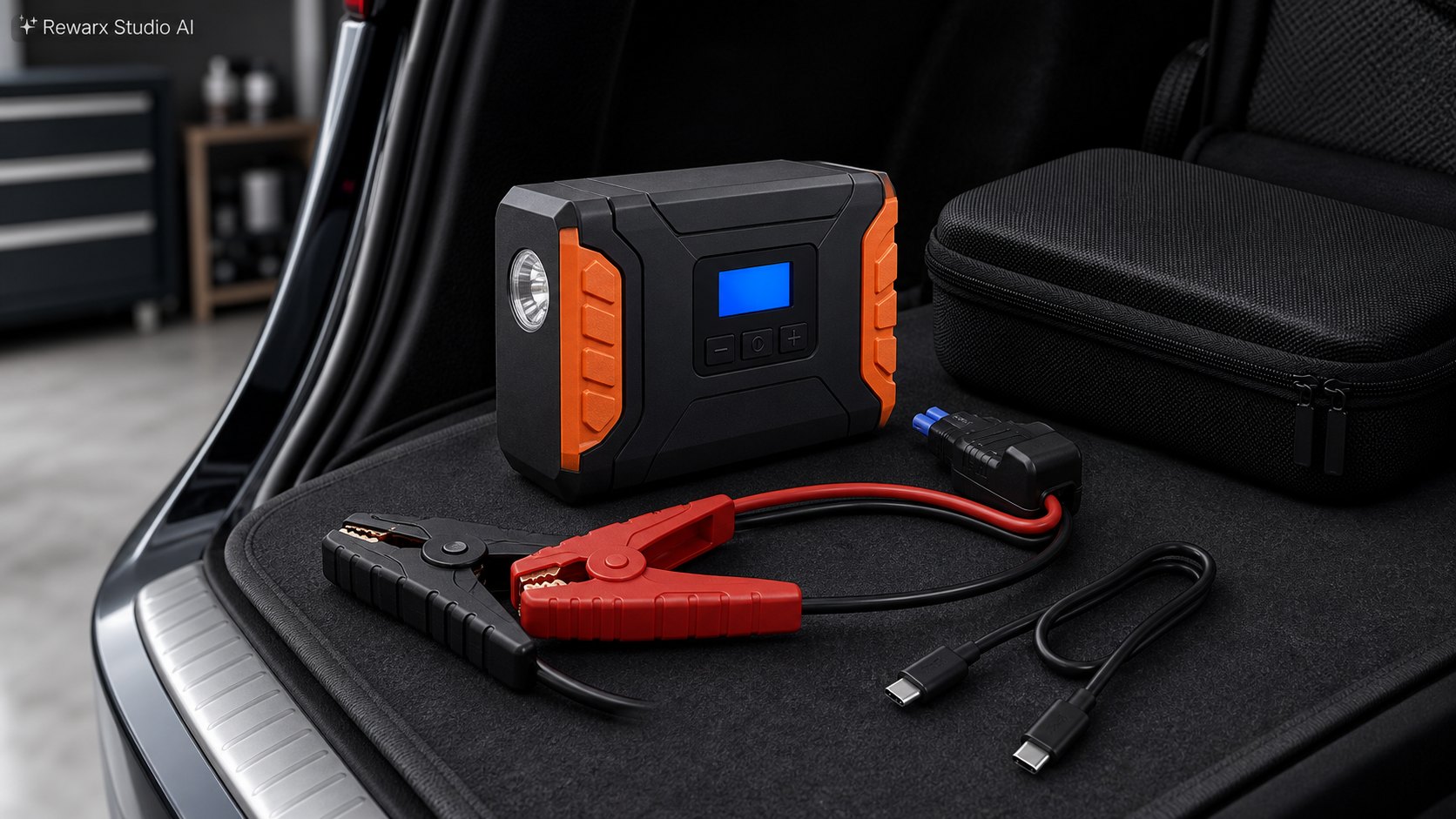 Autostarter emergency power vizualni sablona - automotive accessories - organized roadside readiness hero - Rewarx Visual Content Library
