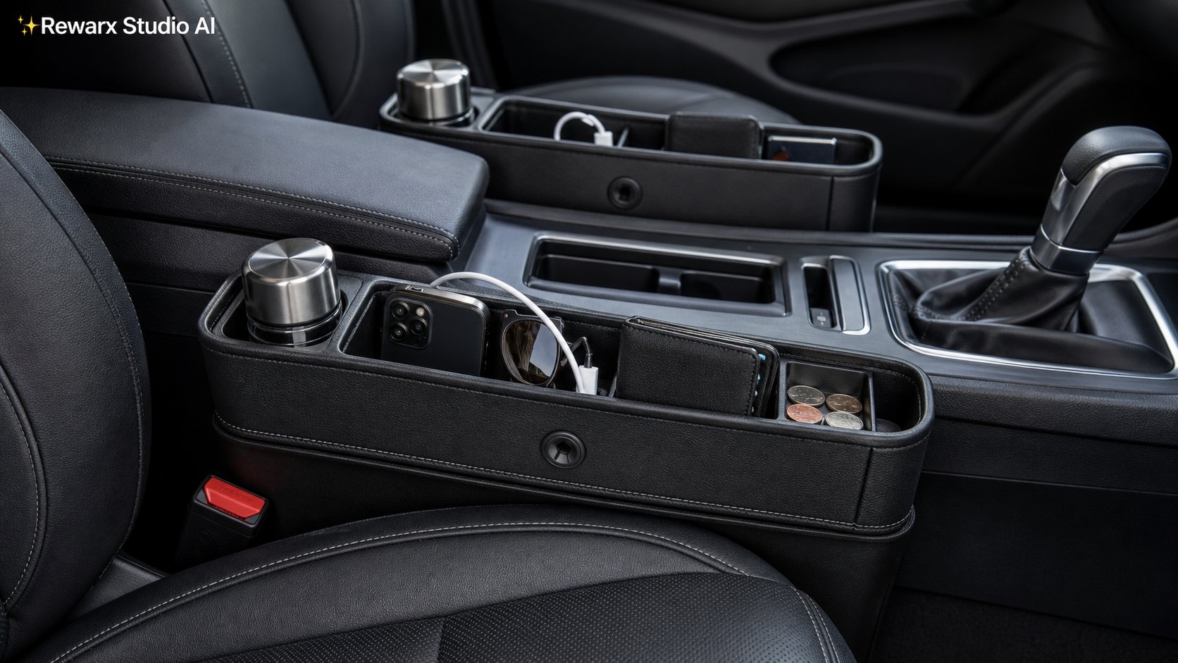 araba koltuğu boşluğu organizatörü işe gidip gelme depolama gorsel sablonu - car accessories - organized car console commute hero - Rewarx Visual Content Library