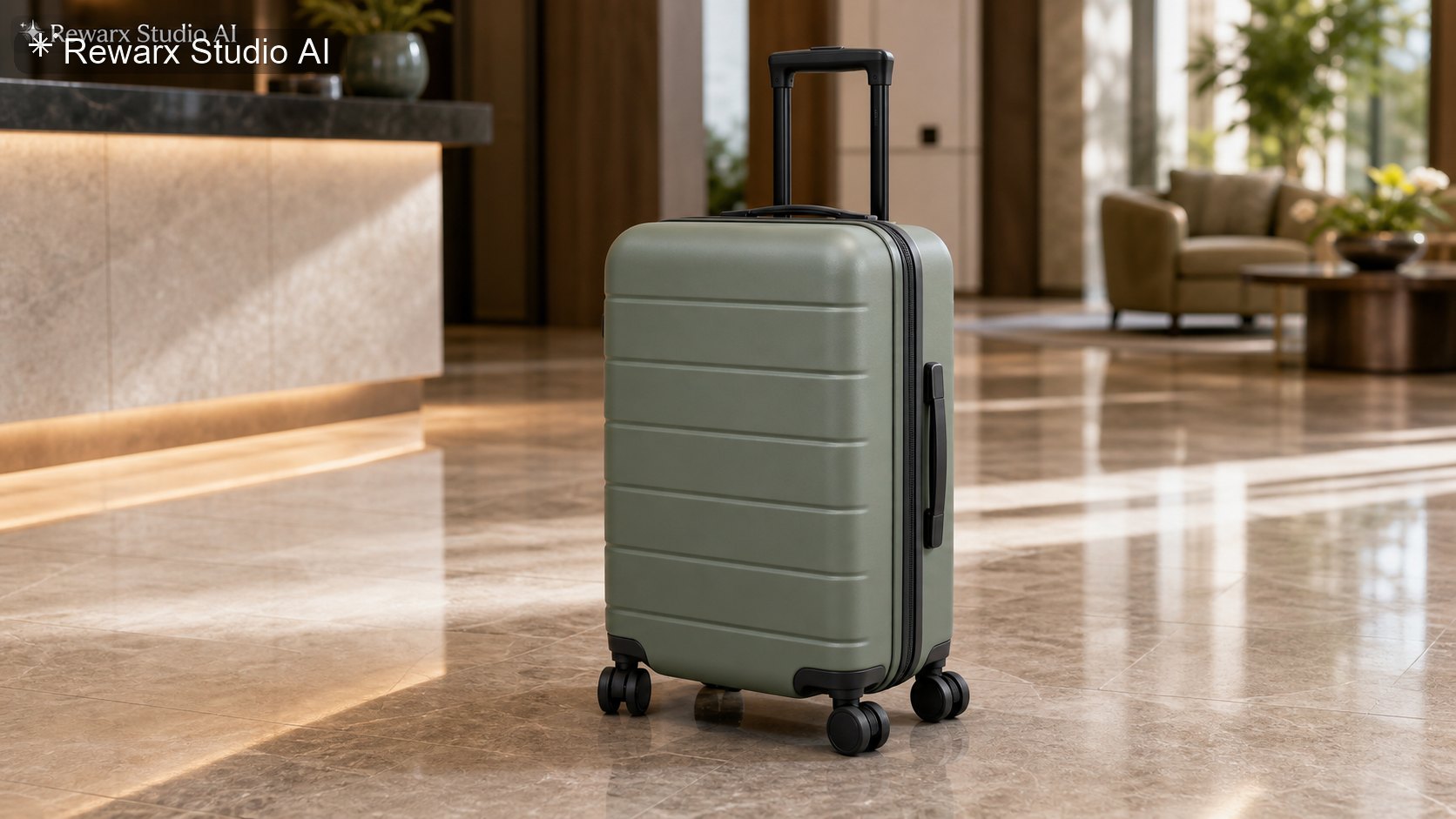 Kabinkovy kufr travel vizualni sablona - travel gear - premium travel gear product hero - Rewarx Visual Content Library