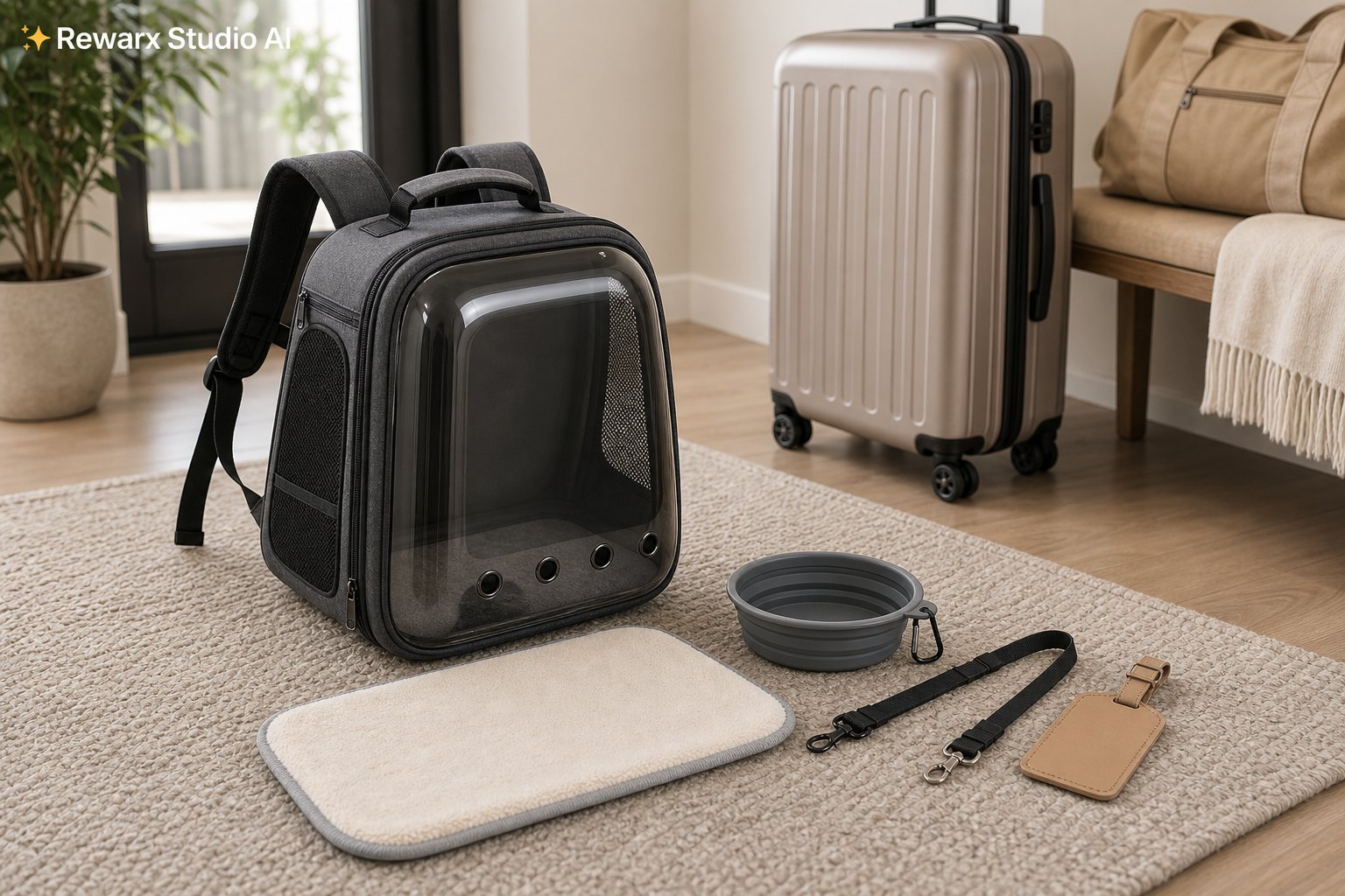 Katzenrucksack Transport Reise Haustier Visual-Vorlage - pet travel carriers - airport-ready pet travel hero - Rewarx Visual Content Library