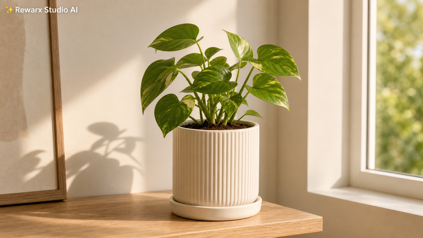 Keramicky kvetinac pokojova rostlina vizualni sablona - home decor - sunlit indoor plant decor hero - Rewarx Visual Content Library