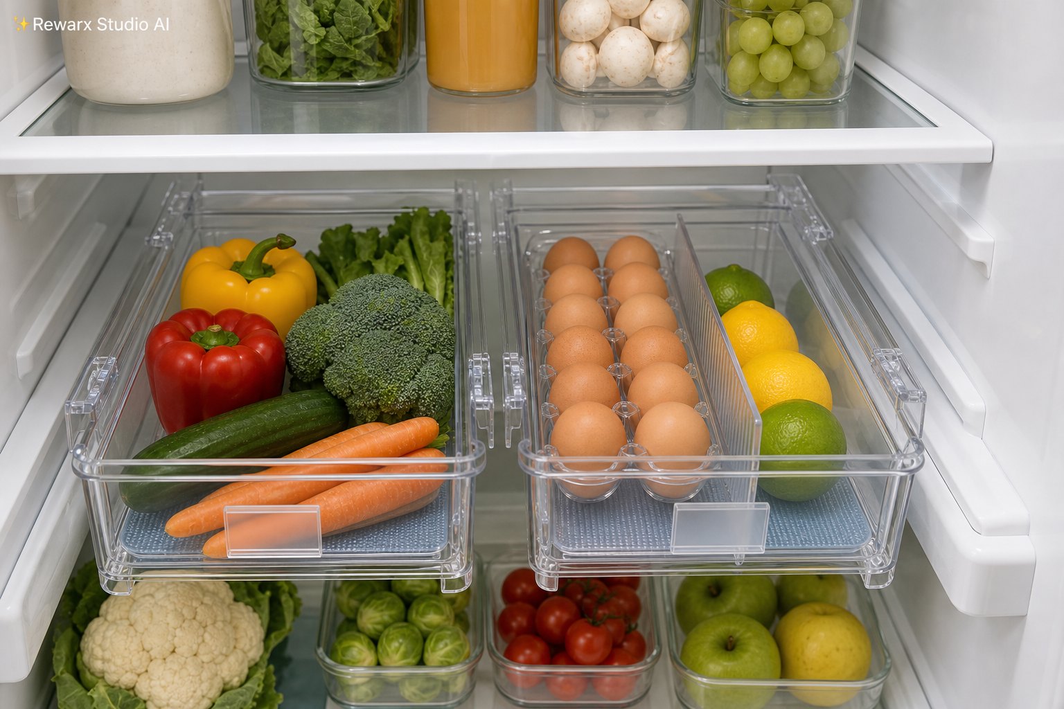 Tiroir frigo transparent rangement aliments modele visuel - refrigerator organization - fresh refrigerator drawer hero - Rewarx Visual Content Library