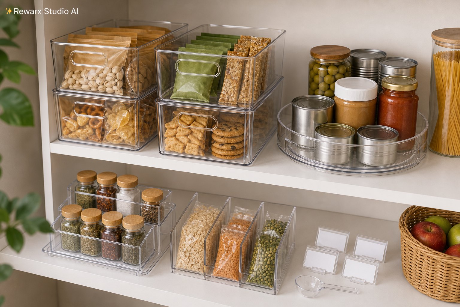 Prusvitny organizer spize kuchynska police vizualni sablona - pantry organization - bright pantry shelf reset hero - Rewarx Visual Content Library