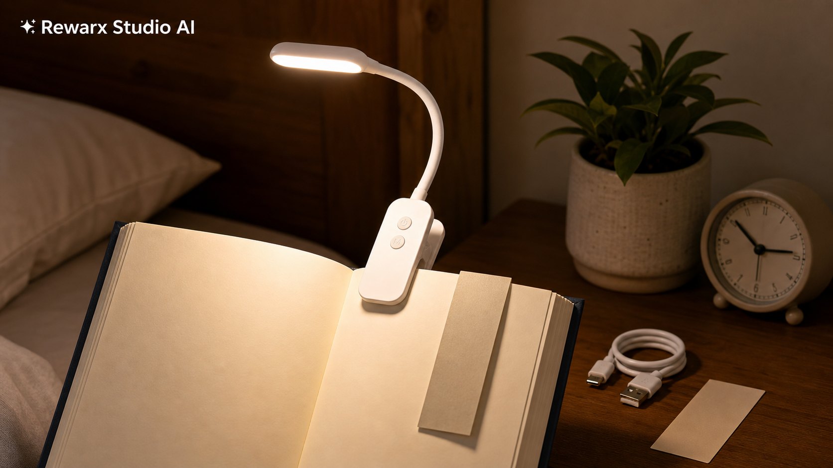 klip på bog lys sengekant visuel skabelon - reading accessories - bedside book light hero - Rewarx Visual Content Library