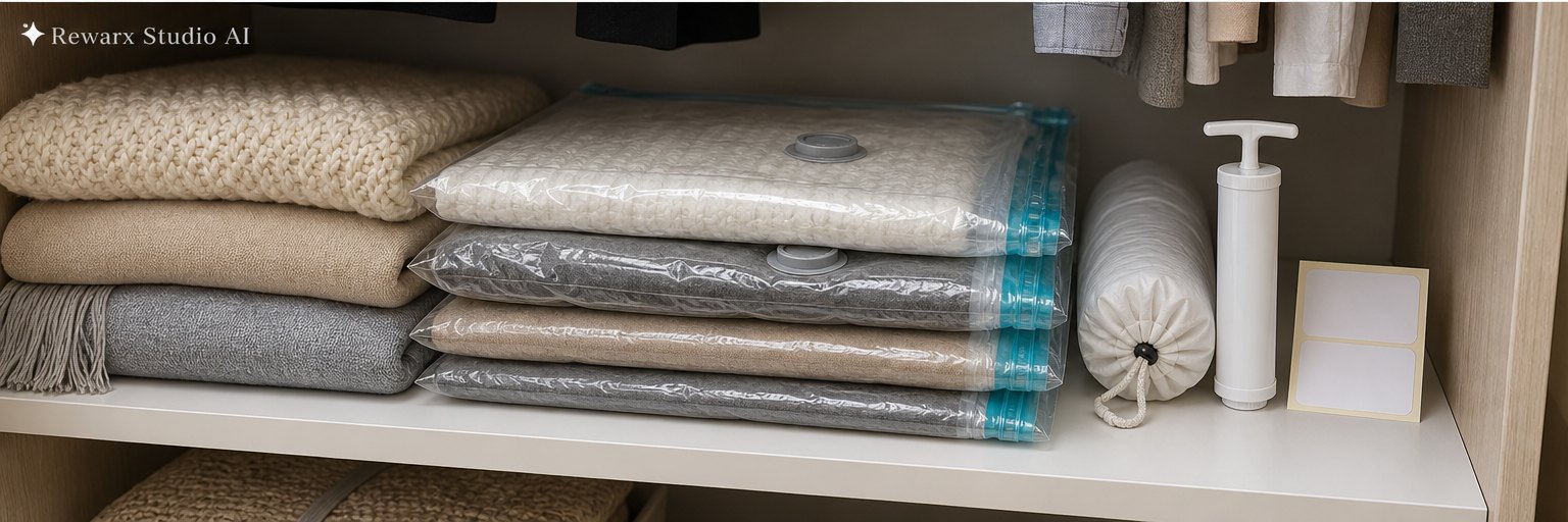 skříňový vakuový úložný sáček sezónní vizualni sablona - closet organization - seasonal closet vacuum bag hero - Rewarx Visual Content Library