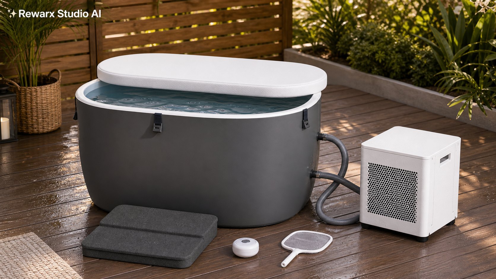 Bain froid jardin bien-etre modele visuel - home recovery wellness - backyard recovery spa hero - Rewarx Visual Content Library