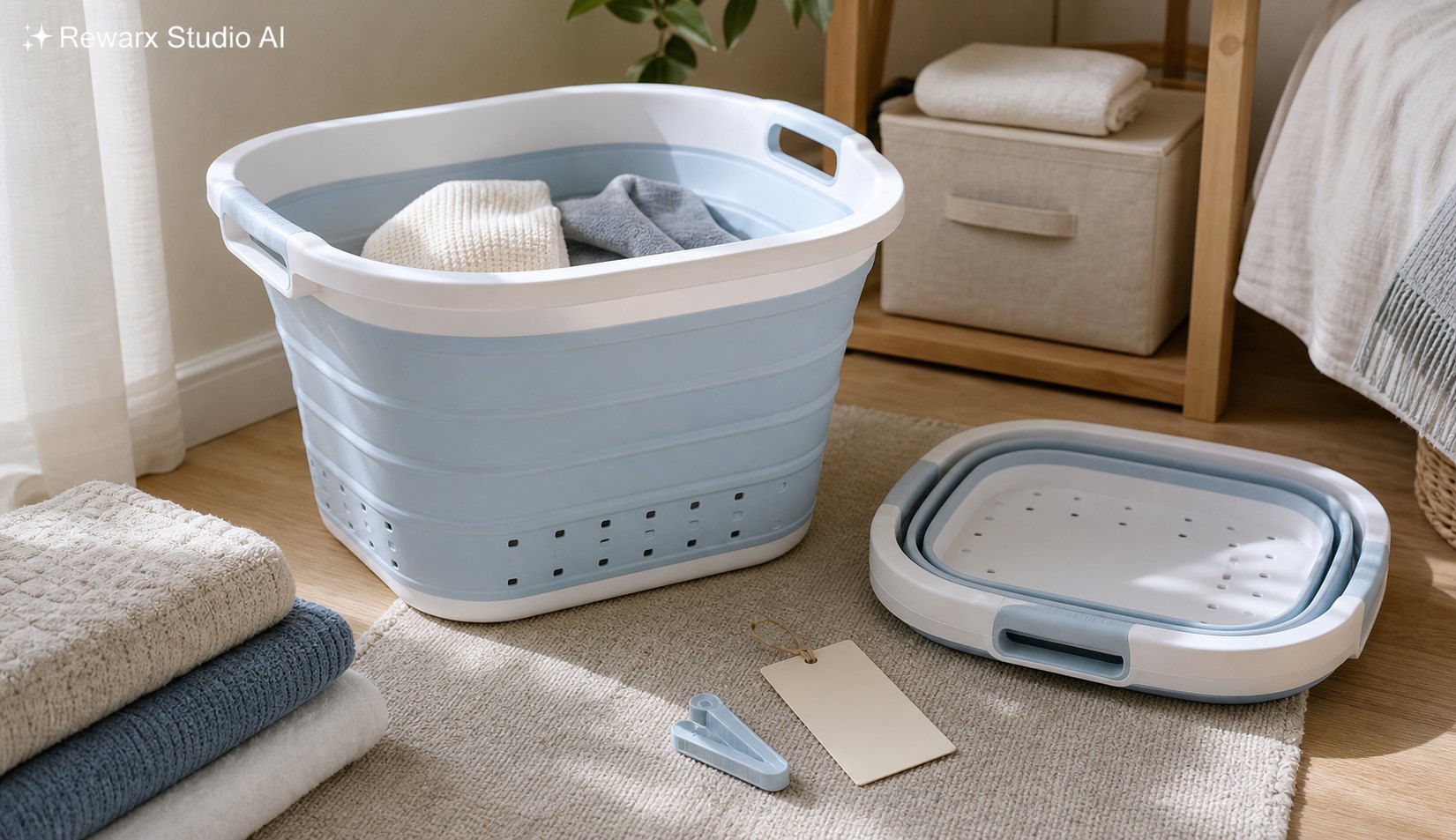 panier à linge pliable chambre modele visuel - laundry organization - collapsible laundry basket hero - Rewarx Visual Content Library