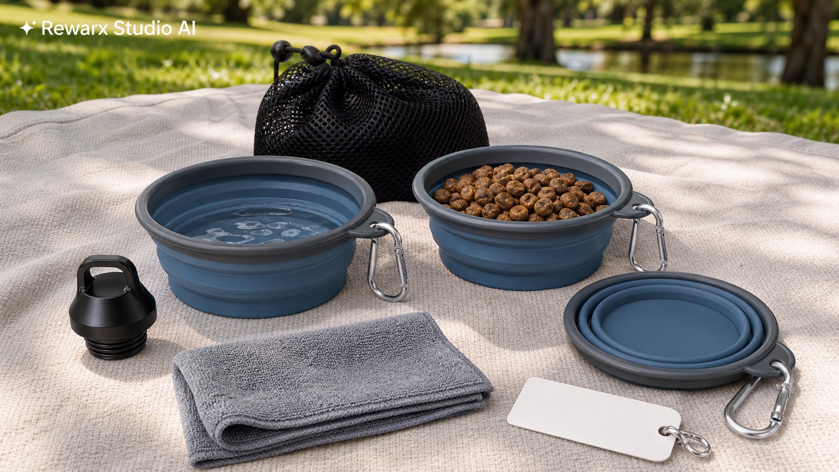可折疊寵物旅行碗戶外視覺模板 - pet travel - pet travel bowl outdoor hero - Rewarx Visual Content Library