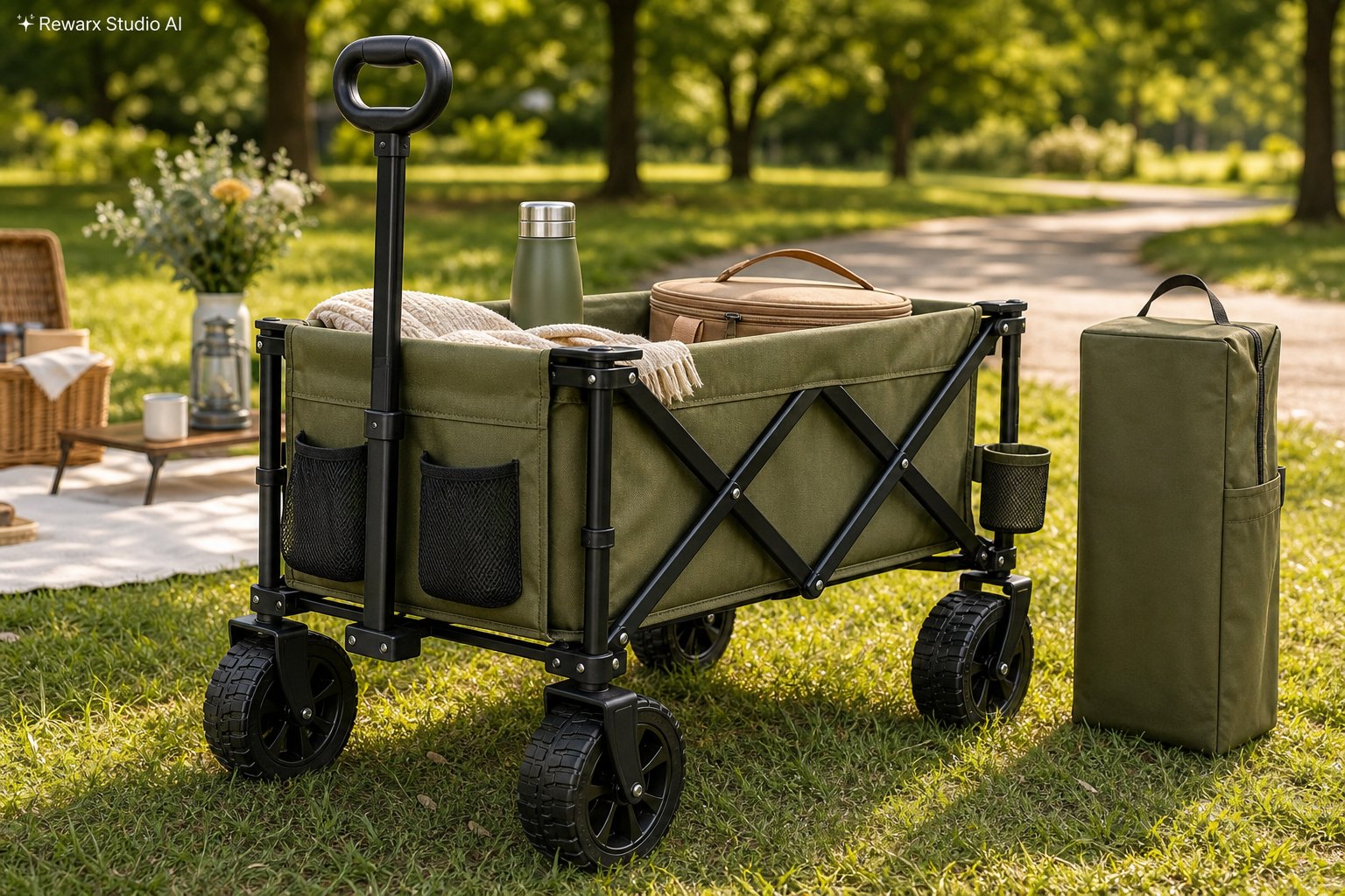 Chariot pliable outdoor family travel modele visuel - outdoor family gear - sunlit outdoor utility hero - Rewarx Visual Content Library