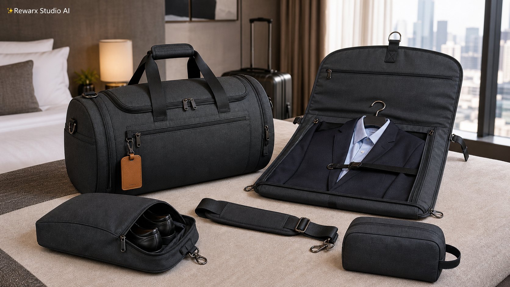 Konvertibel garment duffel forretningsrejse visuel skabelon | Rewarx Studio AI hovedbillede Konvertibel garment duffel forretningsrejse visuel skabelon | Rewarx Studio AI hovedbillede