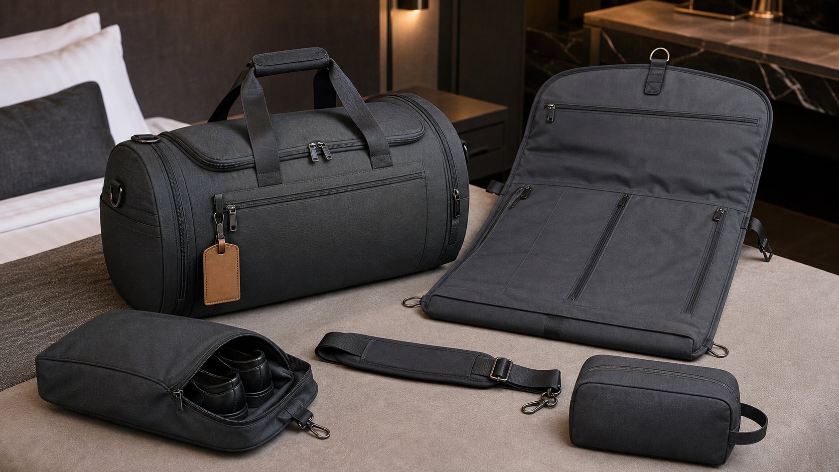 Konvertibel garment duffel forretningsrejse visuel skabelon | Rewarx Studio AI Shopify arbejdsgangsbillede Konvertibel garment duffel forretningsrejse visuel skabelon | Rewarx Studio AI Shopify arbejdsgangsbillede