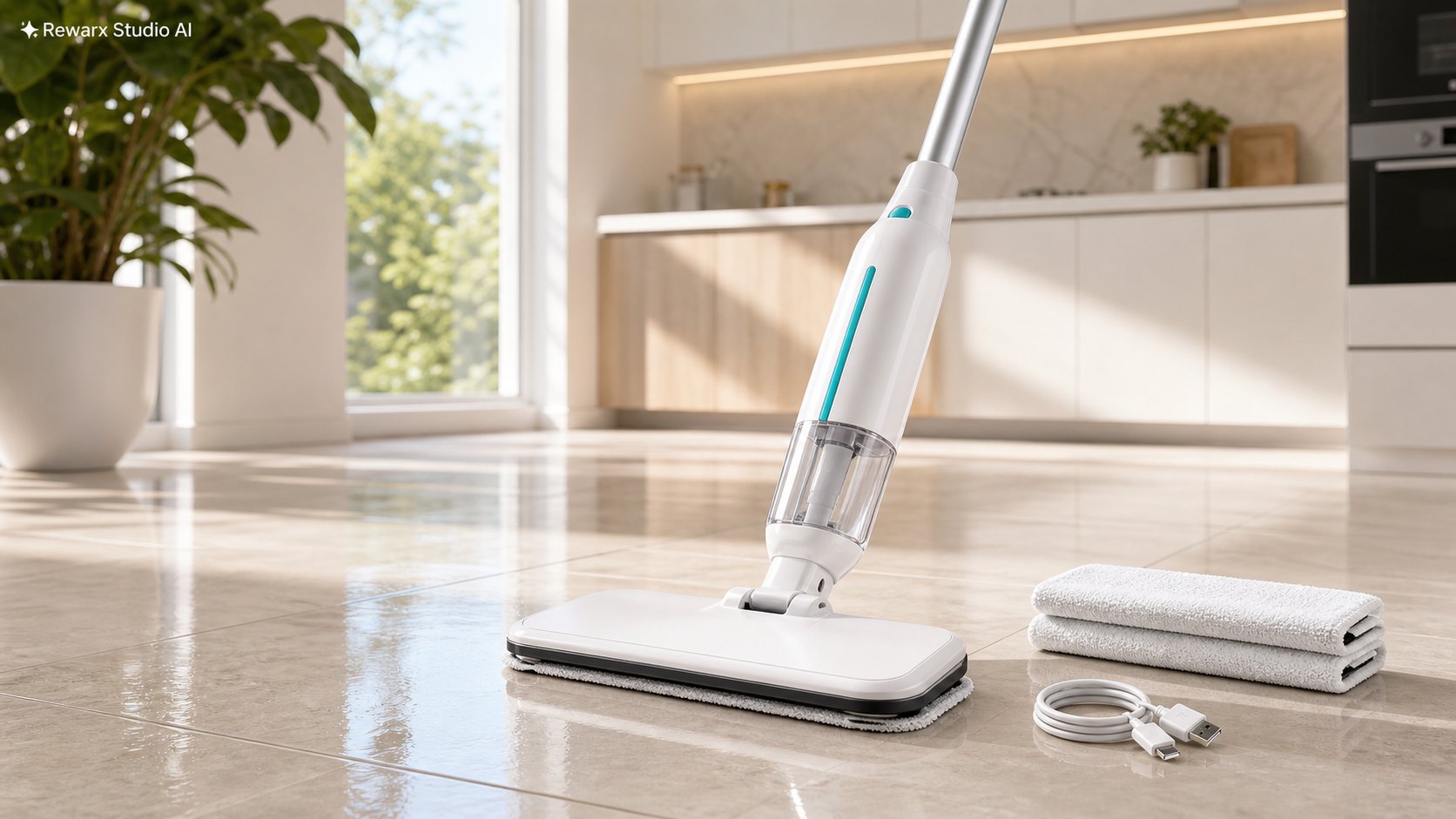 Bezdratovy elektricky mop na tvrde podlahy vizualni sablona - home cleaning - bright hard-floor cleaning hero - Rewarx Visual Content Library