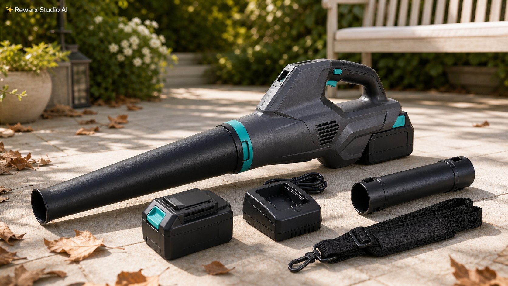 Kablosuz yaprak ufurucu bahce veranda gorsel sablonu - garden tools - fresh patio yard-care hero - Rewarx Visual Content Library