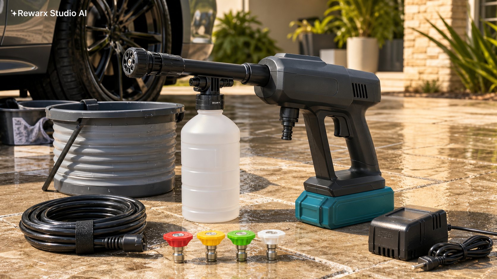 Bezdratova tlakova mycka terasa auto vizualni sablona - outdoor cleaning tools - bright patio car-care hero - Rewarx Visual Content Library