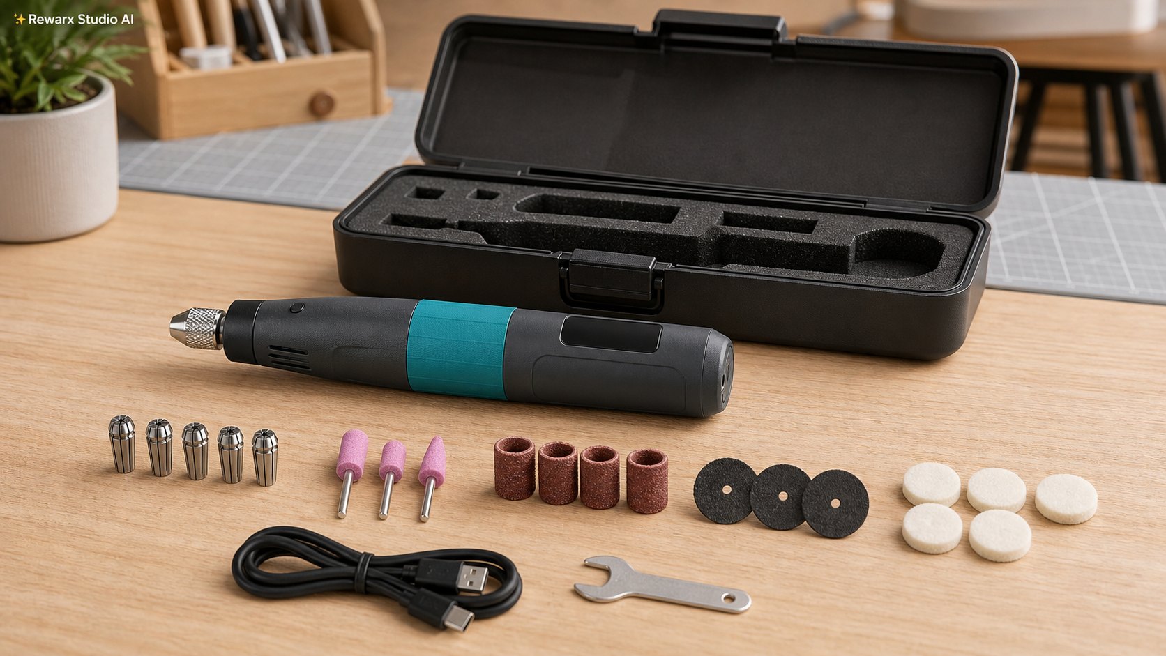 Aku rotacni nastroj DIY craft vizualni sablona - DIY craft tools - organized craft bench hero - Rewarx Visual Content Library