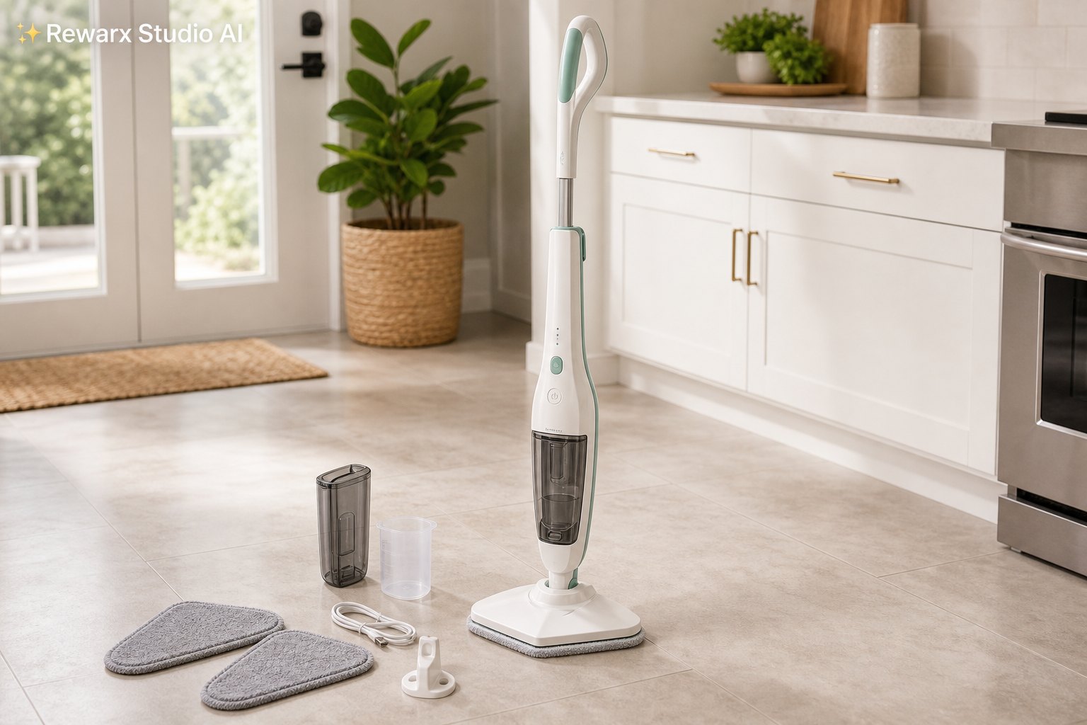 Tradlos dampmoppe harde gulve visuel skabelon - home cleaning appliances - bright hard-floor cleaning hero - Rewarx Visual Content Library