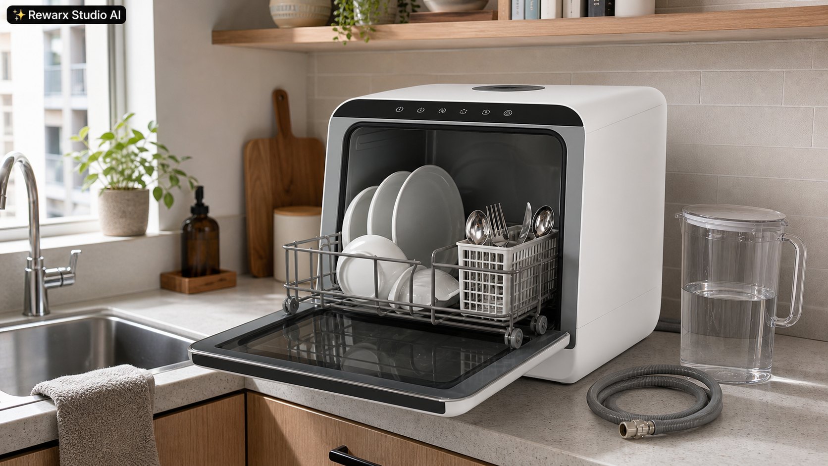 Lave-vaisselle de comptoir cuisine appartement modele visuel - small kitchen appliances - compact apartment kitchen hero - Rewarx Visual Content Library