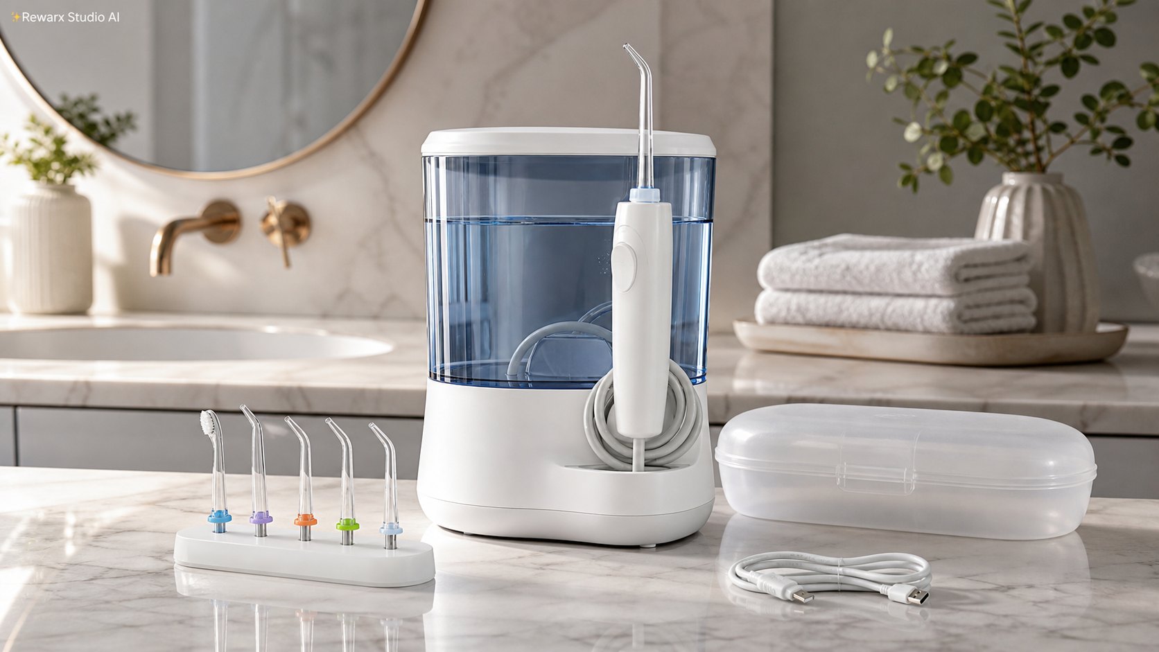 台式水牙線浴室護理視覺模板 - oral care appliances - clean bathroom wellness hero - Rewarx Visual Content Library