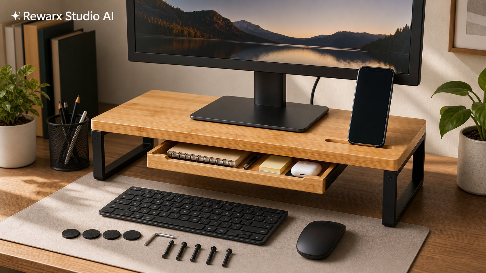 책상 모니터 라이저 홈 오피스 비주얼 템플릿 - desk organization - home office monitor riser hero - Rewarx Visual Content Library
