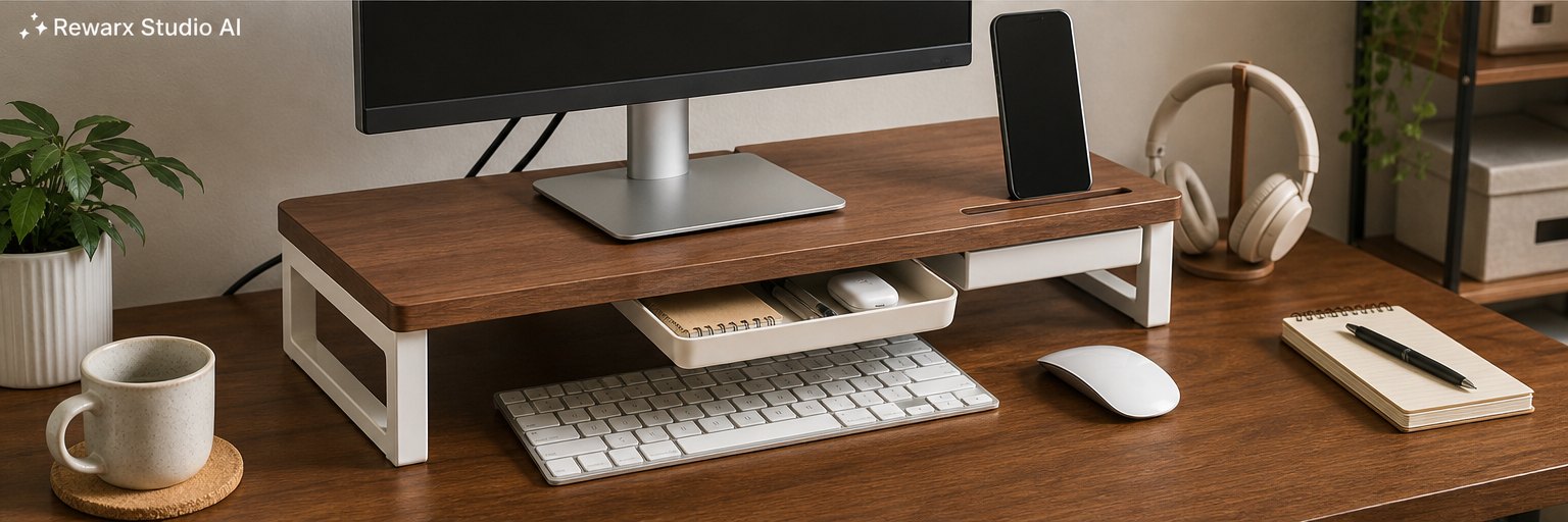 bureau moniteur colonne montante stockage bureau à domicile modele visuel - desk organization - home office monitor riser hero - Rewarx Visual Content Library