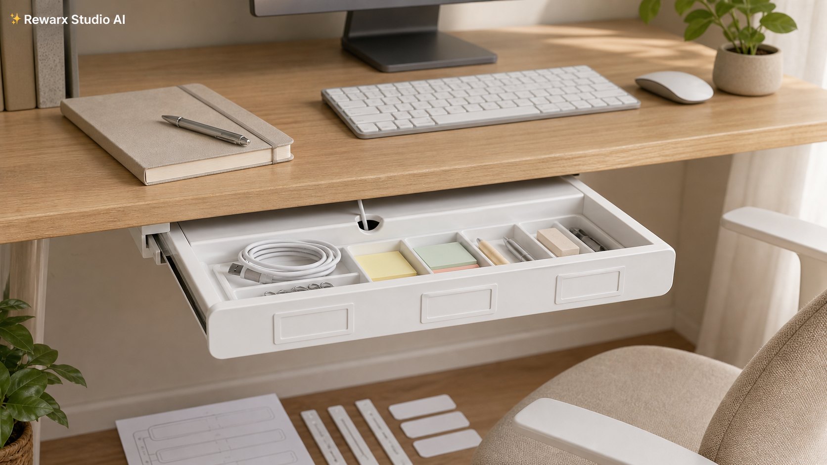 bureau sous étagère tiroir bureau à domicile modele visuel - desk organization - clean desk under-shelf drawer hero - Rewarx Visual Content Library