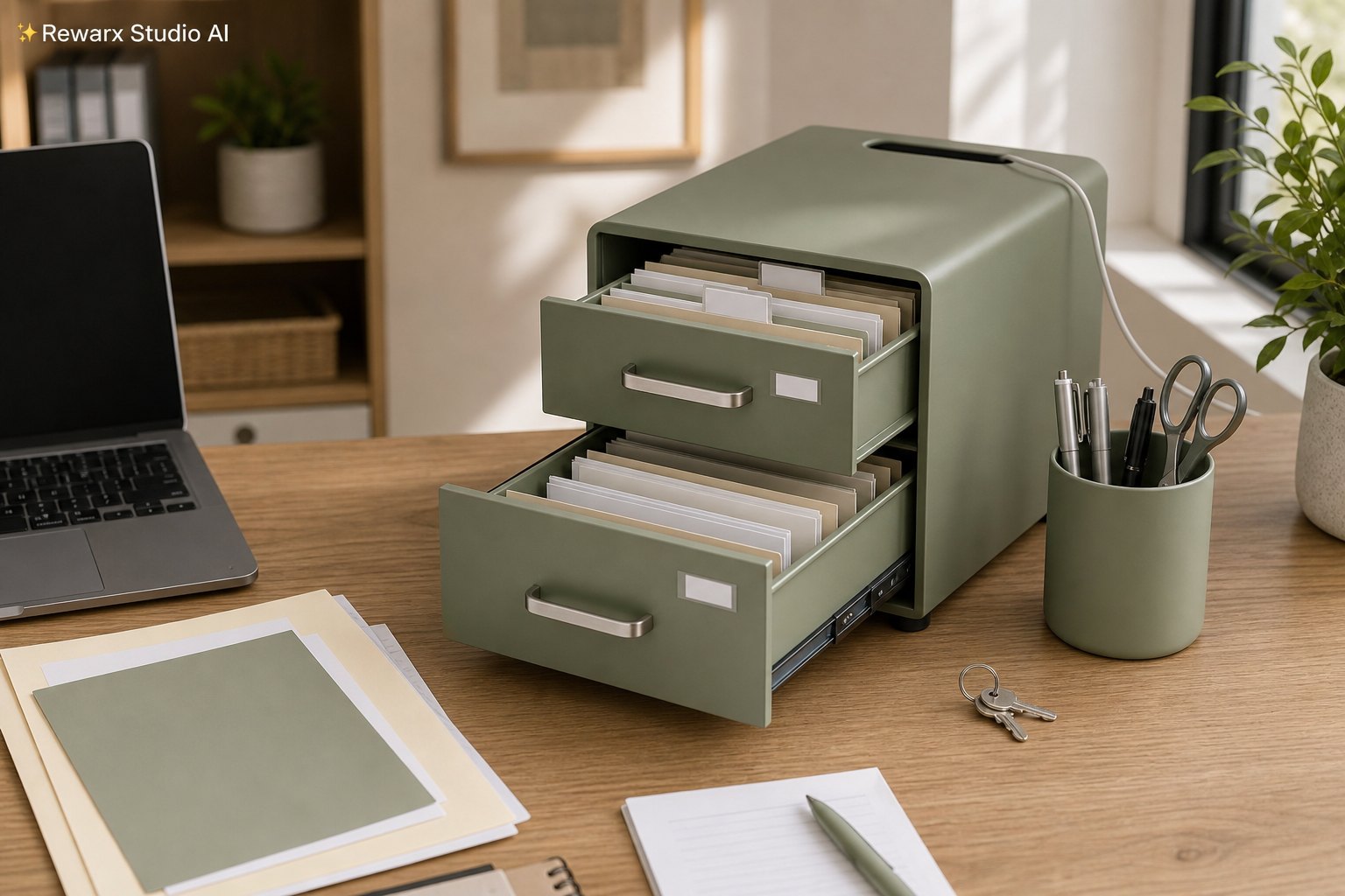 Archivador escritorio oficina casa plantilla visual - home office organization - focused home office organization hero - Rewarx Visual Content Library