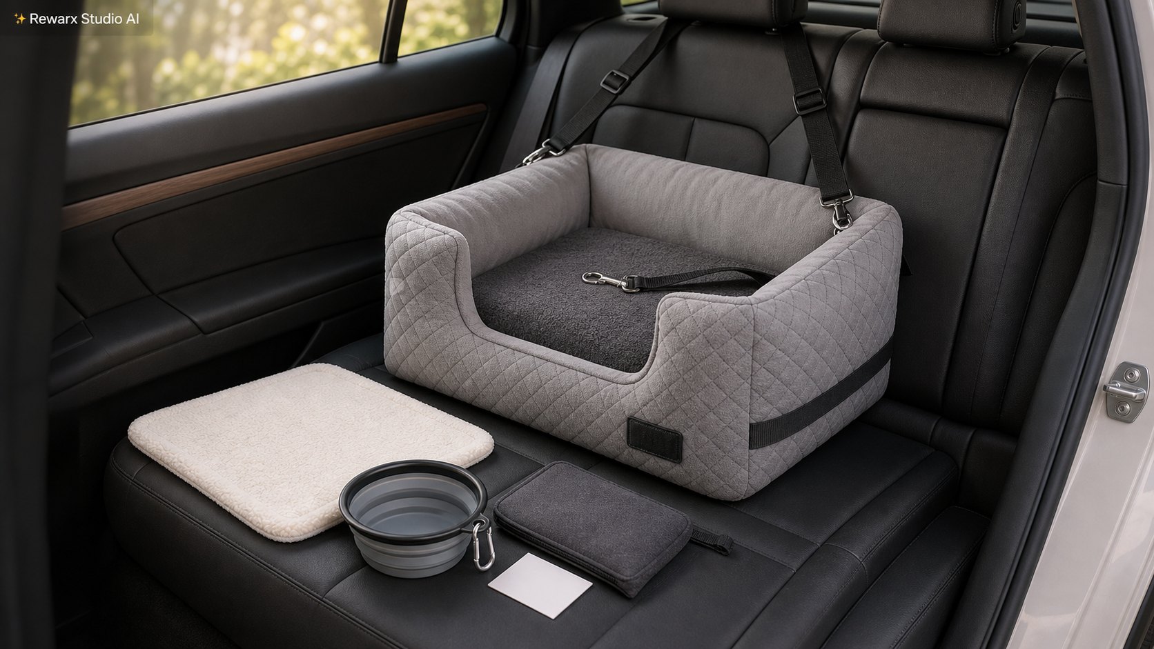 Autosedacka pro psa cestovani bezpecnost vizualni sablona - pet travel accessories - clean car interior pet travel hero - Rewarx Visual Content Library