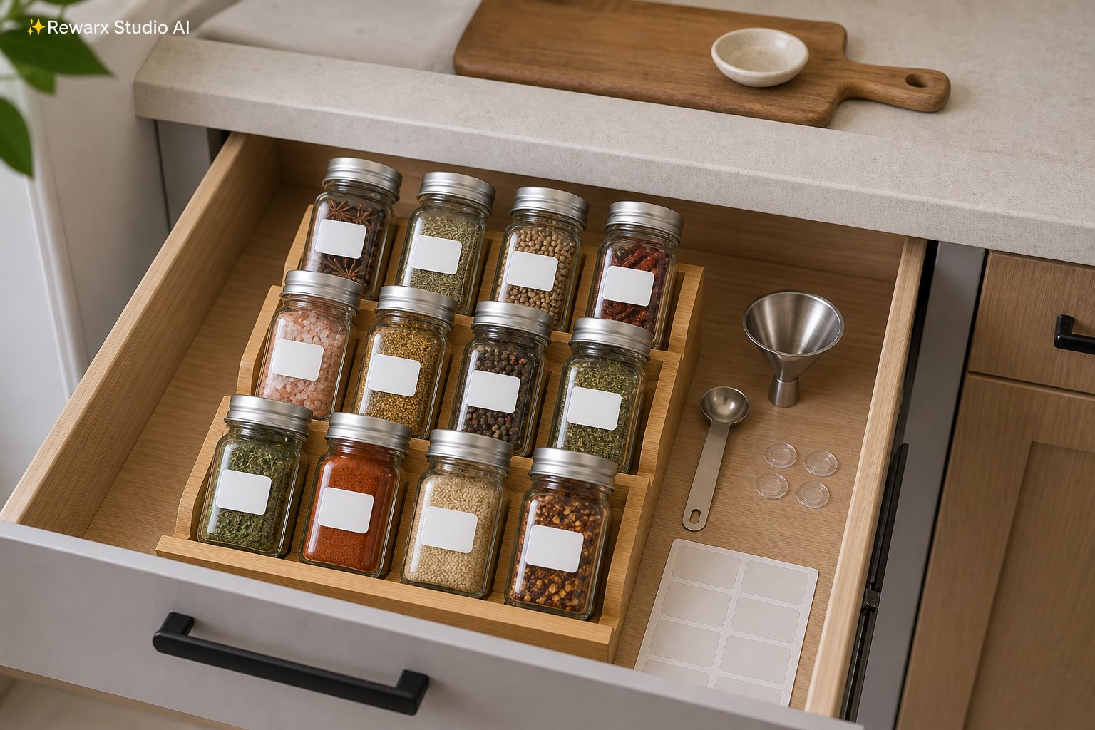 Gewuerzregal Schublade Kueche Visual-Vorlage - kitchen drawer organization - organized spice drawer hero - Rewarx Visual Content Library