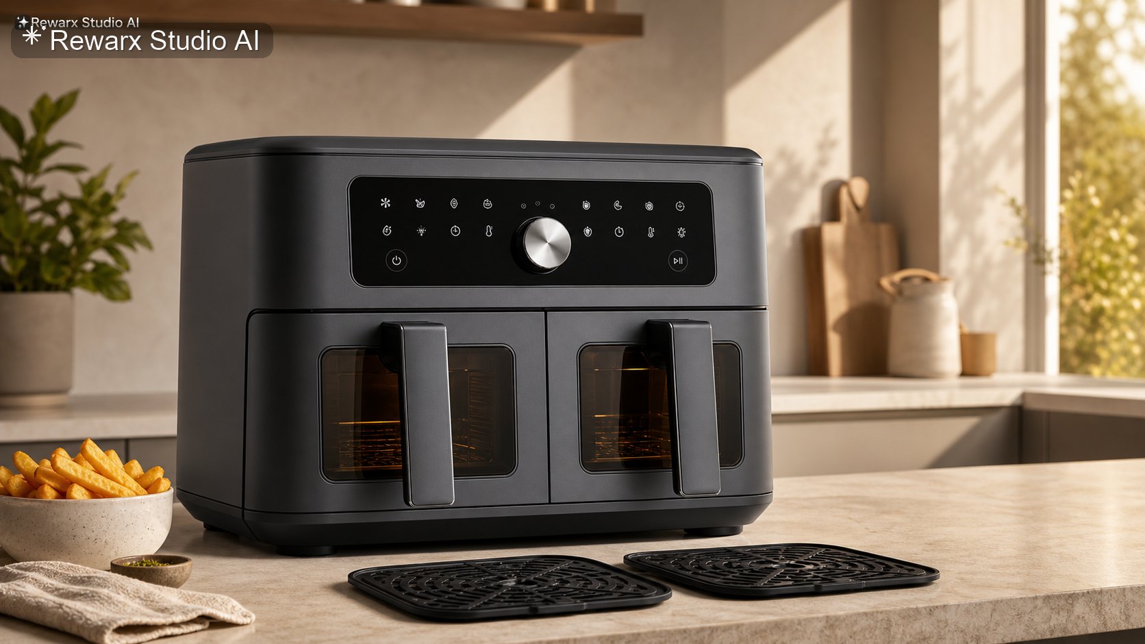 双篮空气炸锅厨房台面视觉模板 - kitchen appliances - warm kitchen appliance hero - Rewarx Visual Content Library