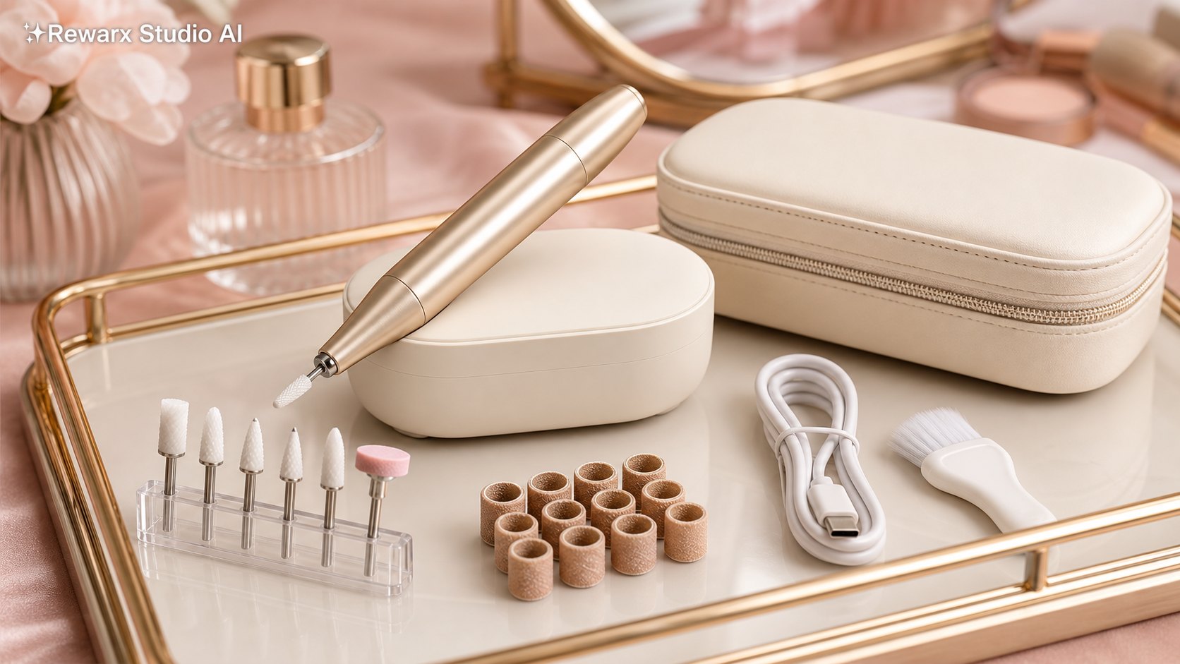 Elektricka bruska na nehty manikura vizualni sablona - beauty tools - clean vanity manicure hero - Rewarx Visual Content Library