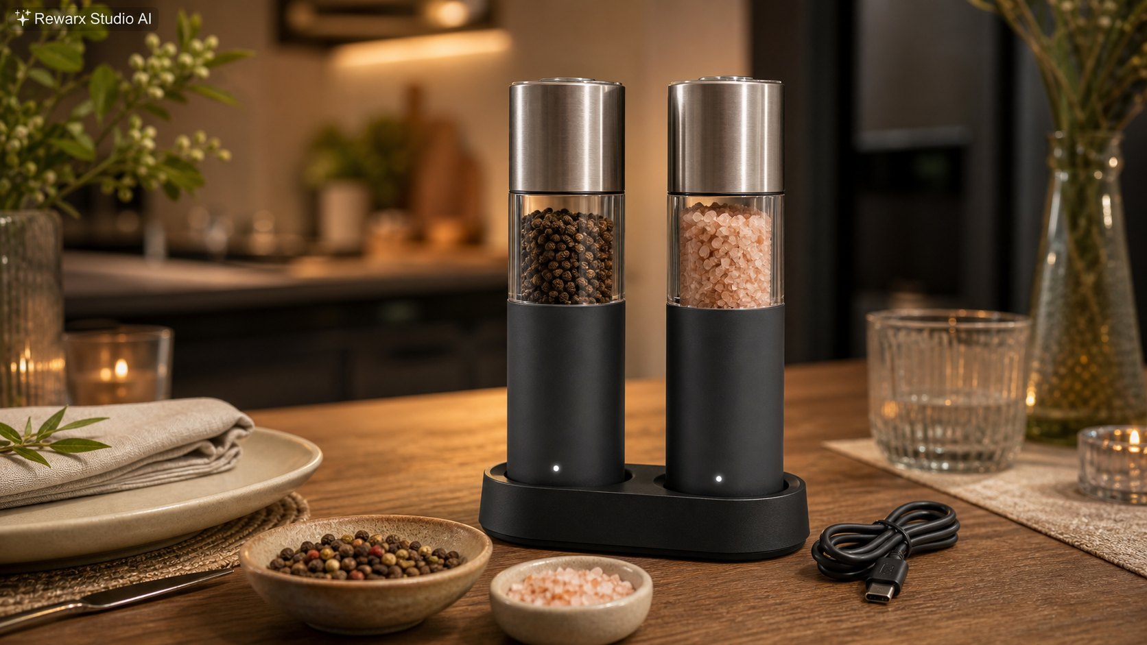電動鹽胡椒研磨器廚房餐桌視覺模板 - kitchen tools - elevated dining prep hero - Rewarx Visual Content Library