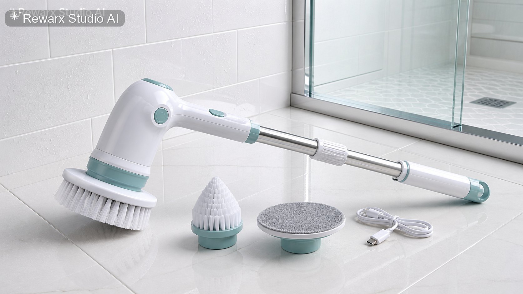 Elektricky rotacni kartac na koupelnu vizualni sablona - cleaning appliances - bright bathroom cleaning hero - Rewarx Visual Content Library